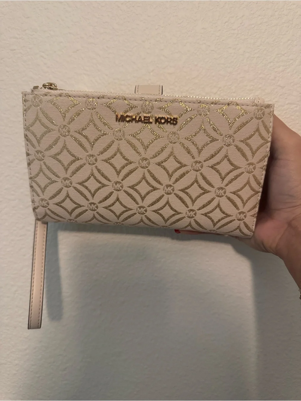 Michael Kors Cream Wristlet Clutch with Gold Logo